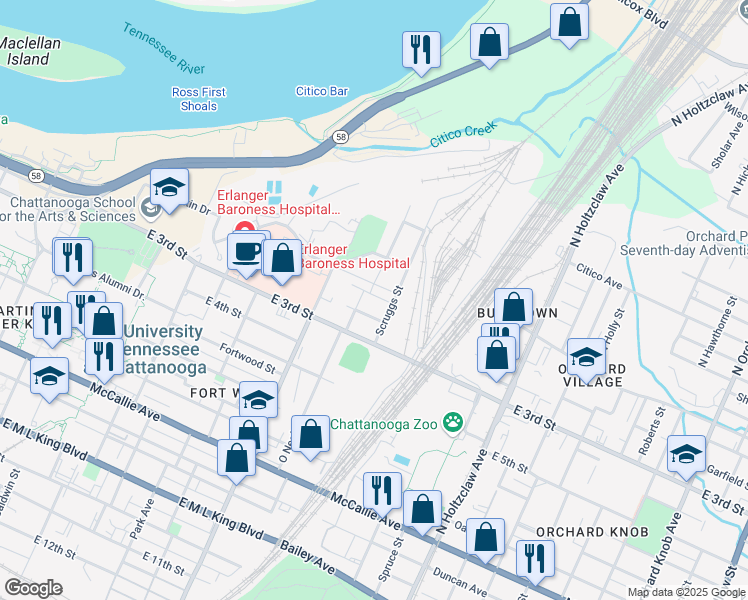 map of restaurants, bars, coffee shops, grocery stores, and more near 1138 Pierce Street in Chattanooga