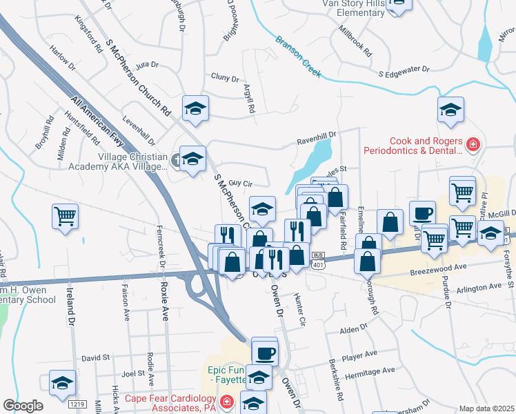 map of restaurants, bars, coffee shops, grocery stores, and more near 937 South McPherson Church Road in Fayetteville