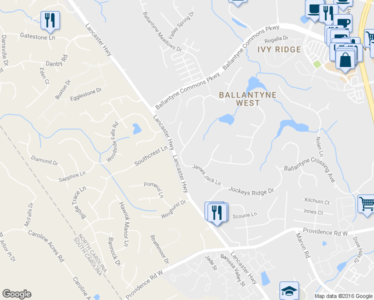 map of restaurants, bars, coffee shops, grocery stores, and more near 11528 James Jack Ln in Charlotte