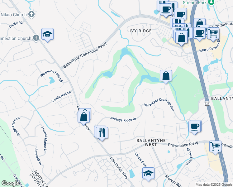map of restaurants, bars, coffee shops, grocery stores, and more near 11104 McClure Manor Drive in Charlotte