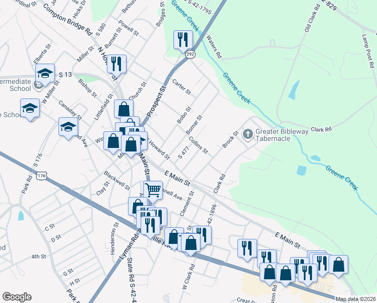 map of restaurants, bars, coffee shops, grocery stores, and more near 12 South 477 in Inman