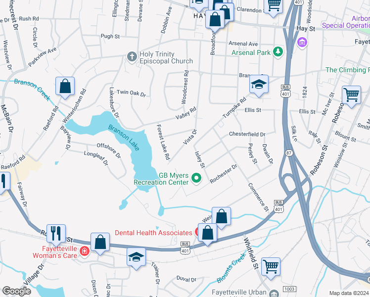 map of restaurants, bars, coffee shops, grocery stores, and more near 523 Vista Drive in Fayetteville