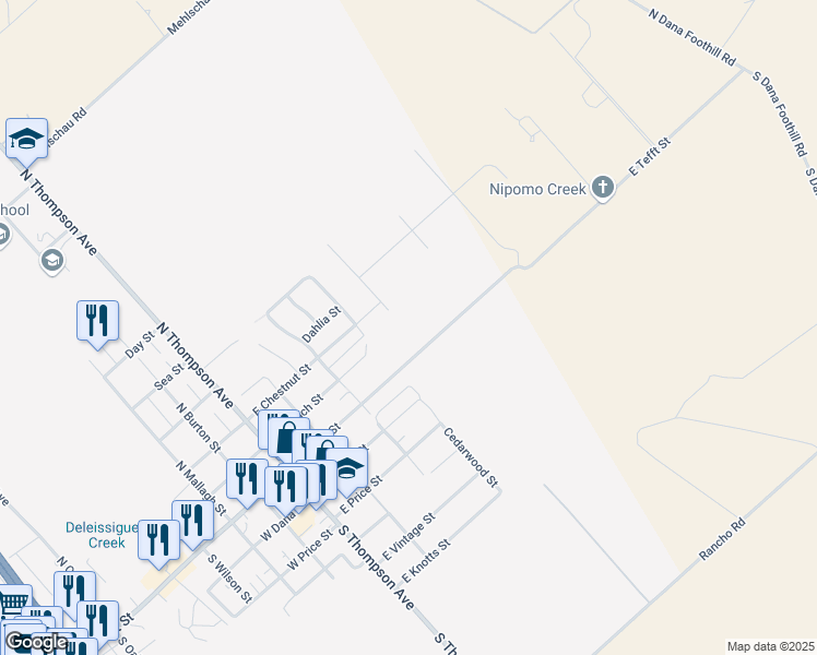 map of restaurants, bars, coffee shops, grocery stores, and more near 285 East Tefft Street in Nipomo