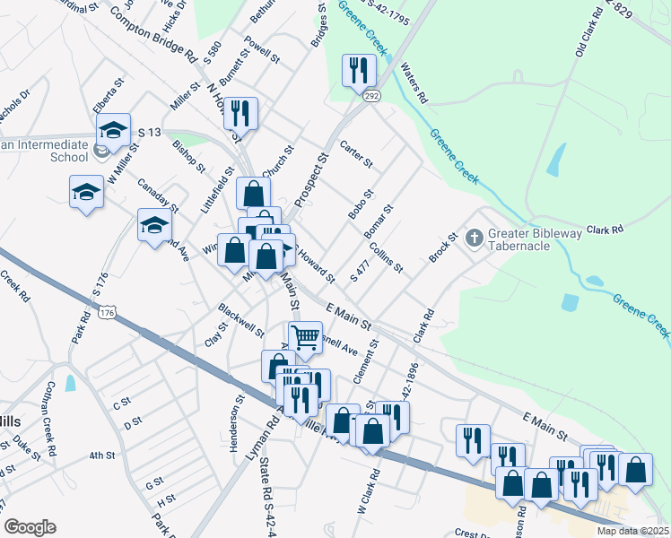 map of restaurants, bars, coffee shops, grocery stores, and more near 7 Bomar Street in Inman