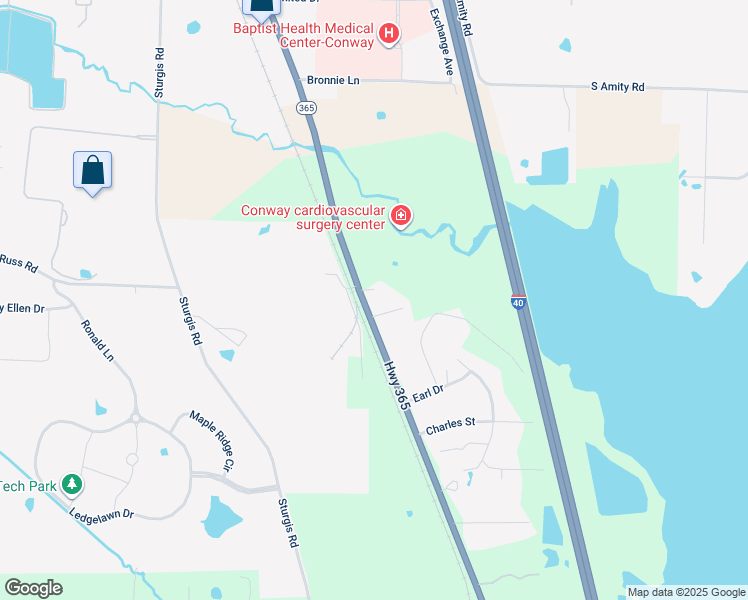 map of restaurants, bars, coffee shops, grocery stores, and more near 115 Arkansas 365 in Conway