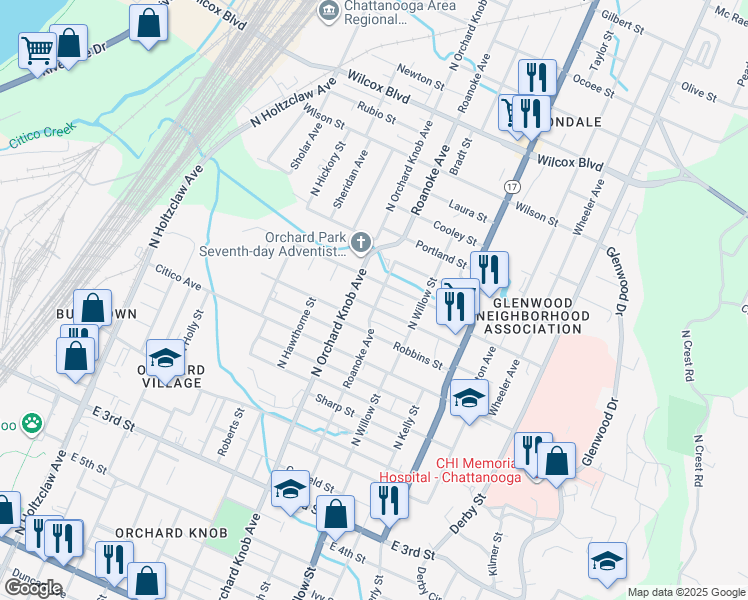 map of restaurants, bars, coffee shops, grocery stores, and more near 1911 Rawlings Street in Chattanooga