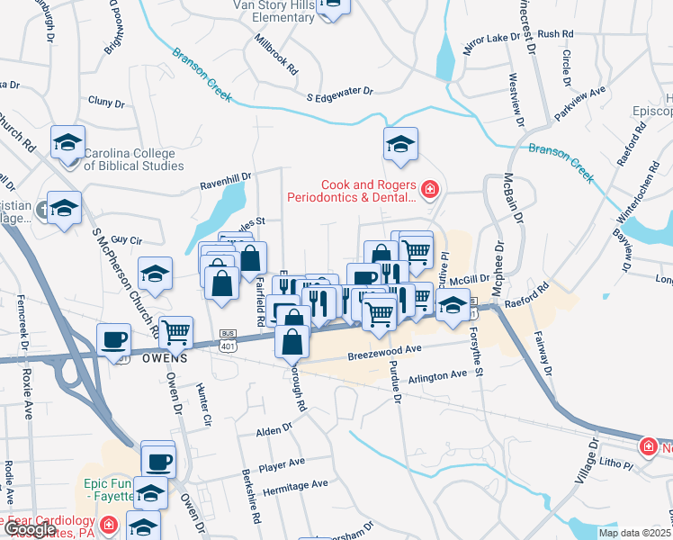 map of restaurants, bars, coffee shops, grocery stores, and more near 140 Willborough Avenue in Fayetteville