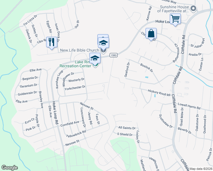 map of restaurants, bars, coffee shops, grocery stores, and more near 1305 Kershaw Loop in Fayetteville