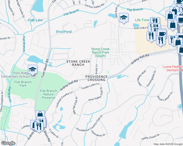 map of restaurants, bars, coffee shops, grocery stores, and more near 11626 Wheat Ridge Road in Charlotte
