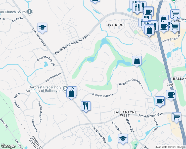 map of restaurants, bars, coffee shops, grocery stores, and more near 14819 Resolves Lane in Charlotte