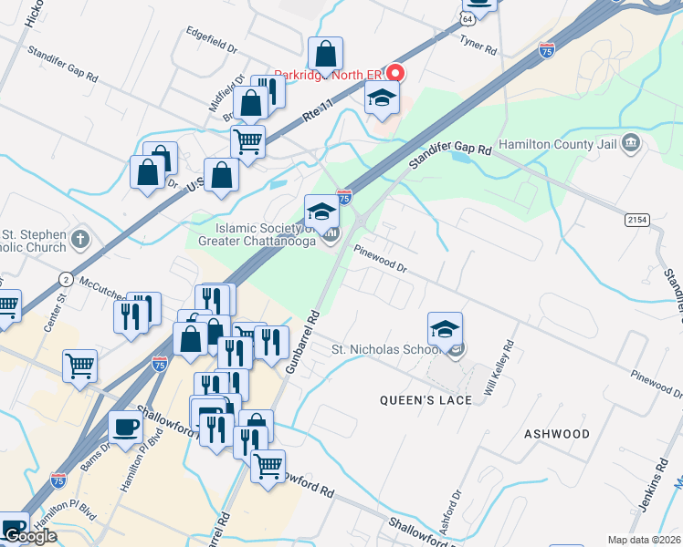 map of restaurants, bars, coffee shops, grocery stores, and more near 2526 Gunbarrel Road in Chattanooga