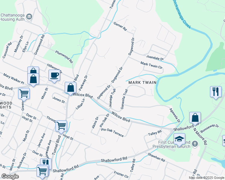 map of restaurants, bars, coffee shops, grocery stores, and more near 1658 Dogwood Drive in Chattanooga