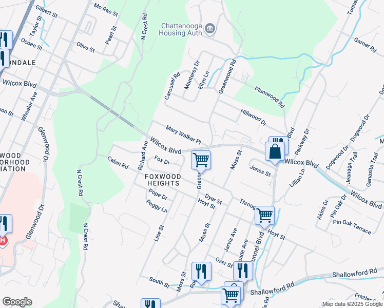 map of restaurants, bars, coffee shops, grocery stores, and more near 1210 McCord Avenue in Chattanooga