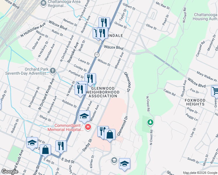 map of restaurants, bars, coffee shops, grocery stores, and more near 1107 Wheeler Avenue in Chattanooga