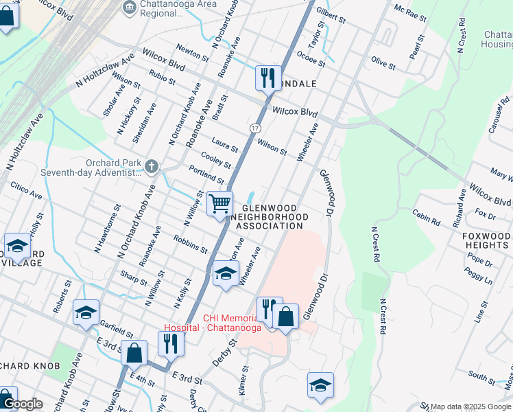 map of restaurants, bars, coffee shops, grocery stores, and more near 1101 Arlington Avenue in Chattanooga