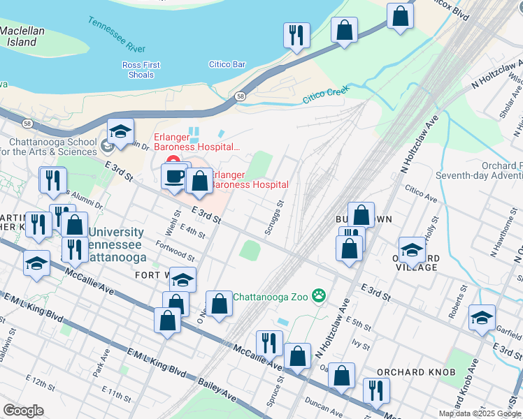 map of restaurants, bars, coffee shops, grocery stores, and more near 1138 Pierce Street in Chattanooga