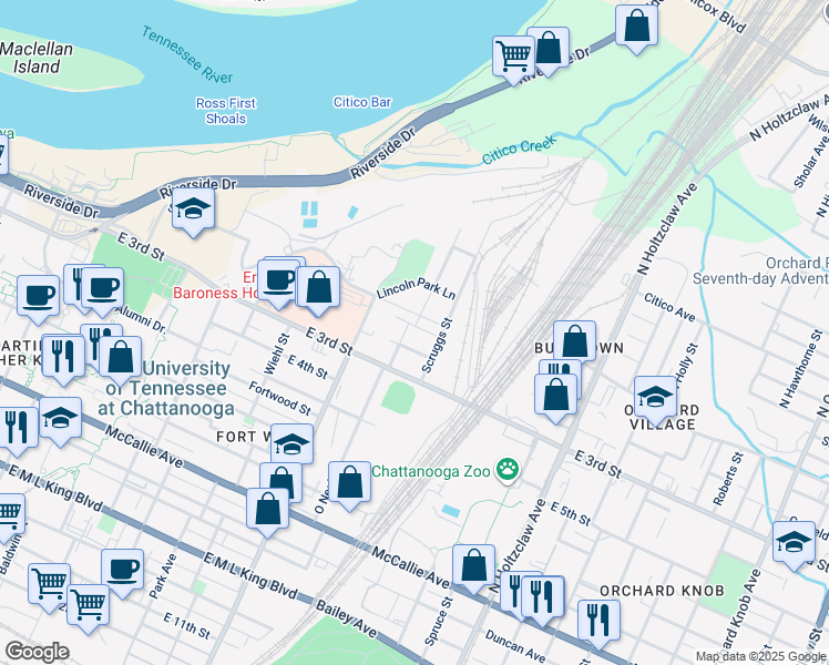 map of restaurants, bars, coffee shops, grocery stores, and more near 1138 Pierce Street in Chattanooga