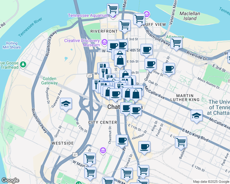 map of restaurants, bars, coffee shops, grocery stores, and more near 721 Broad Street in Chattanooga