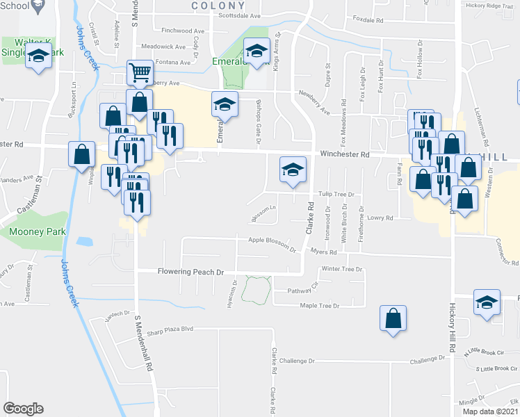 map of restaurants, bars, coffee shops, grocery stores, and more near 5556 Blossom Lane in Memphis