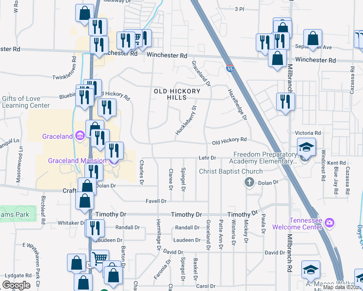 map of restaurants, bars, coffee shops, grocery stores, and more near 1423 Old Hickory Road in Memphis
