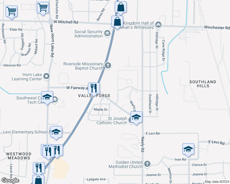 map of restaurants, bars, coffee shops, grocery stores, and more near 3707 Hillbrook Road in Memphis