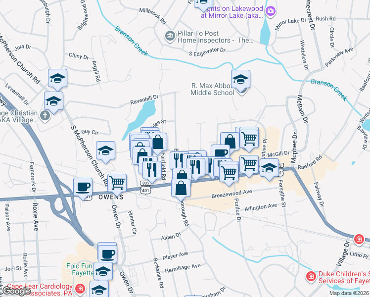 map of restaurants, bars, coffee shops, grocery stores, and more near 203 Starhill Avenue in Fayetteville