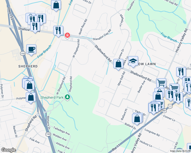 map of restaurants, bars, coffee shops, grocery stores, and more near 2251 Edgmon Forest Lane in Chattanooga