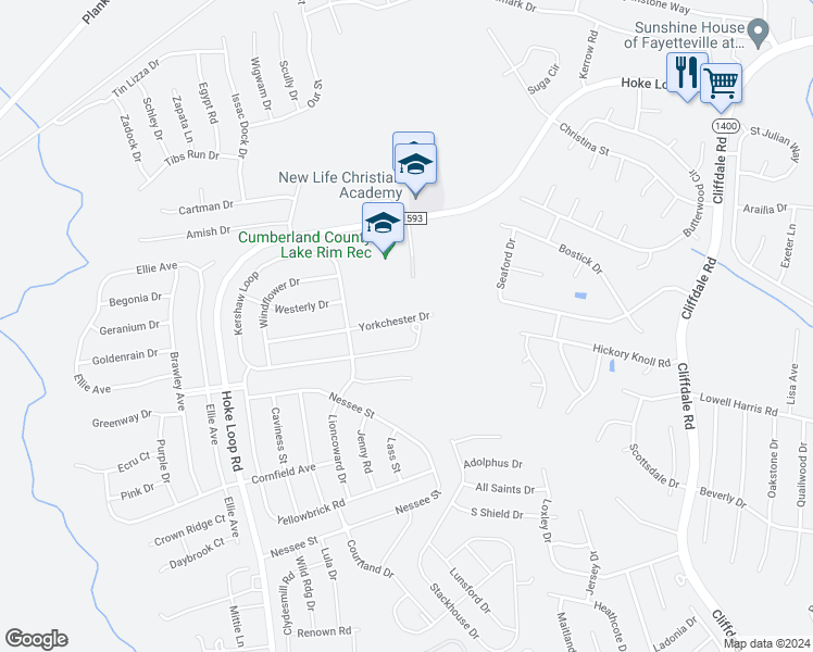 map of restaurants, bars, coffee shops, grocery stores, and more near 4921 Yorkchester Drive in Fayetteville