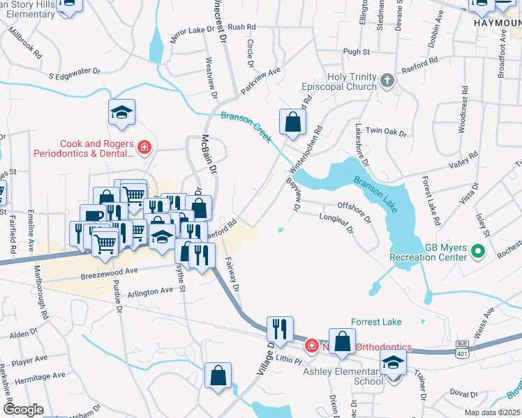 map of restaurants, bars, coffee shops, grocery stores, and more near 2222 Winterlochen Road in Fayetteville