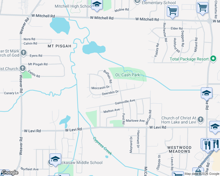 map of restaurants, bars, coffee shops, grocery stores, and more near 595 Moccasin Drive in Memphis