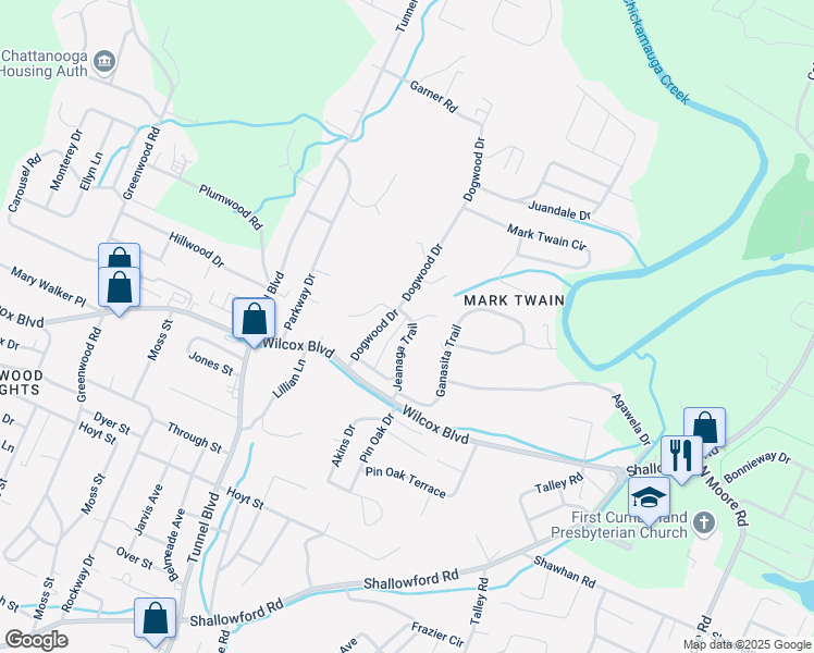 map of restaurants, bars, coffee shops, grocery stores, and more near 1658 Dogwood Drive in Chattanooga