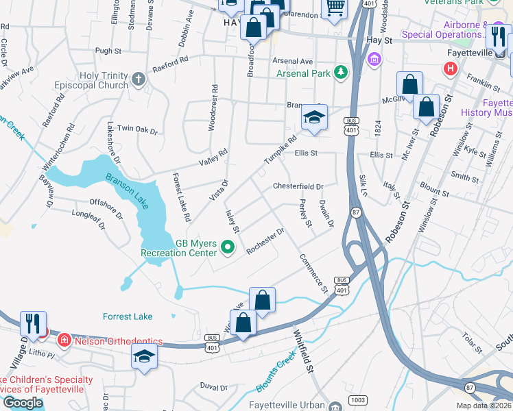 map of restaurants, bars, coffee shops, grocery stores, and more near 1107 Chesterfield Drive in Fayetteville
