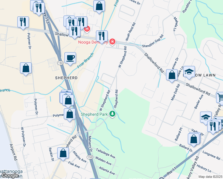 map of restaurants, bars, coffee shops, grocery stores, and more near 2174 West Shepherd Road in Chattanooga