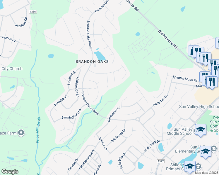 map of restaurants, bars, coffee shops, grocery stores, and more near 5539 Whispering Wind Lane in Indian Trail