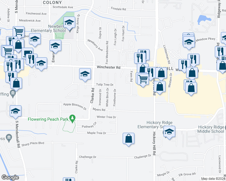 map of restaurants, bars, coffee shops, grocery stores, and more near 3703 Firethorne Drive in Memphis