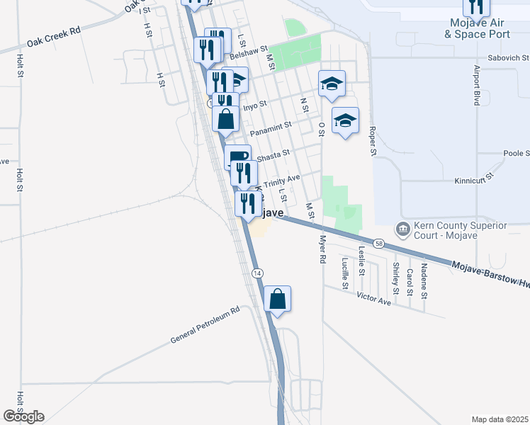 map of restaurants, bars, coffee shops, grocery stores, and more near 15957 K Street in Mojave