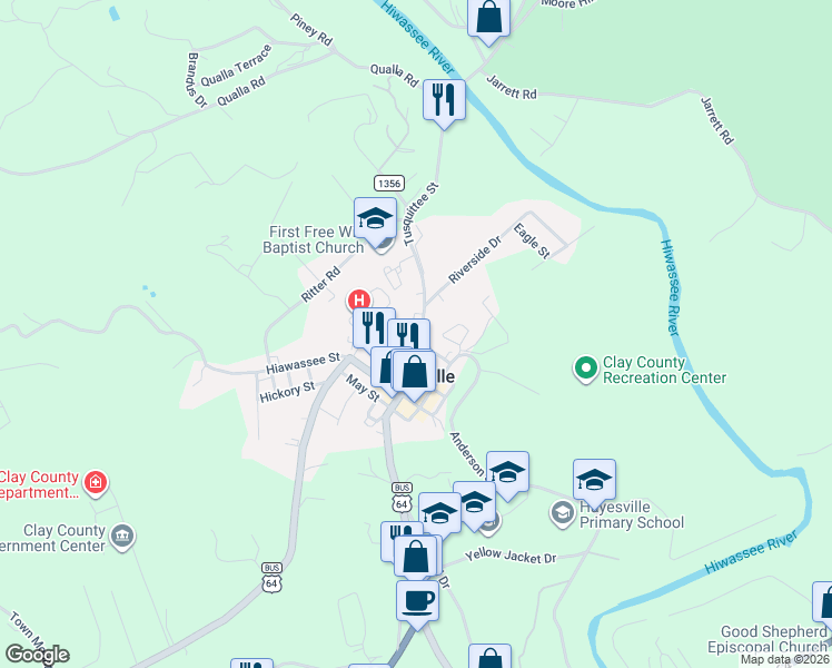 map of restaurants, bars, coffee shops, grocery stores, and more near 134 Curtis Street in Hayesville