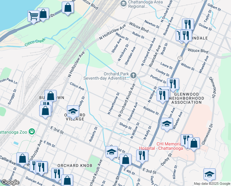 map of restaurants, bars, coffee shops, grocery stores, and more near 1718 Carson Avenue in Chattanooga