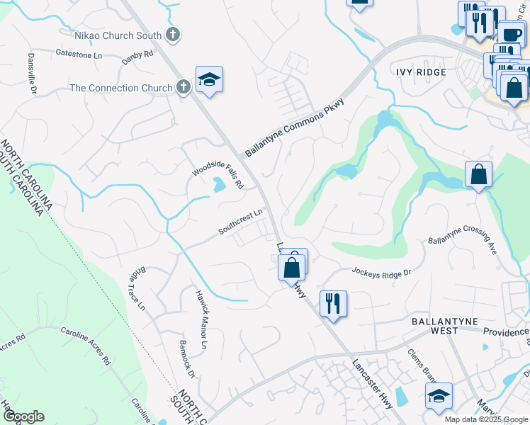 map of restaurants, bars, coffee shops, grocery stores, and more near 14604 Lancaster Highway in Pineville