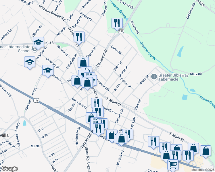 map of restaurants, bars, coffee shops, grocery stores, and more near 7 Bomar Street in Inman