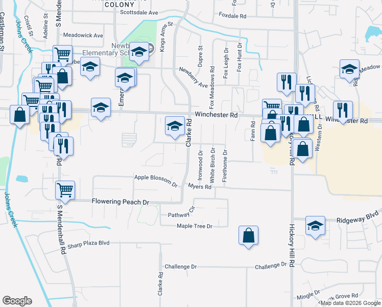 map of restaurants, bars, coffee shops, grocery stores, and more near 3707 Clarke Road in Memphis