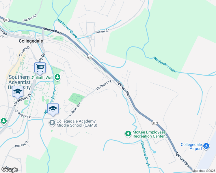 map of restaurants, bars, coffee shops, grocery stores, and more near 4968 College Drive in Apison