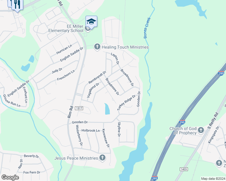 map of restaurants, bars, coffee shops, grocery stores, and more near 814 Broadmore Drive in Fayetteville