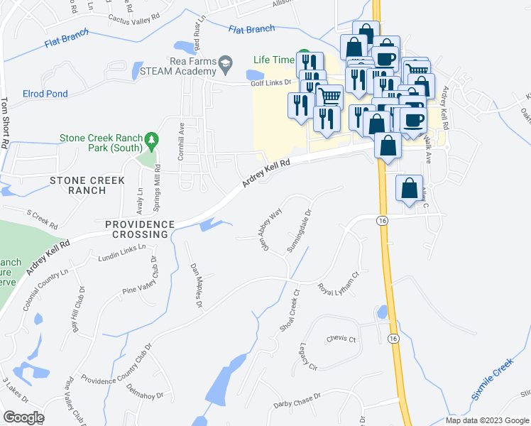 map of restaurants, bars, coffee shops, grocery stores, and more near 11608 Glen Abbey Way in Charlotte