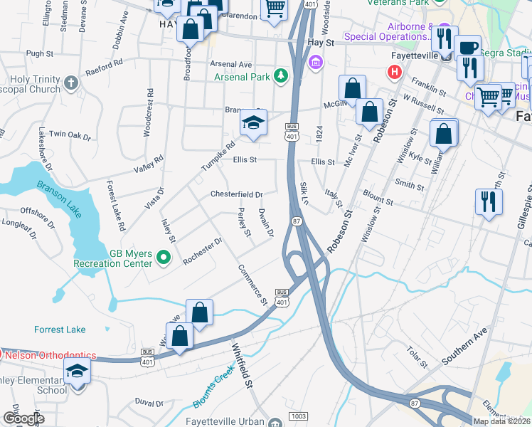 map of restaurants, bars, coffee shops, grocery stores, and more near 713 Dwain Drive in Fayetteville