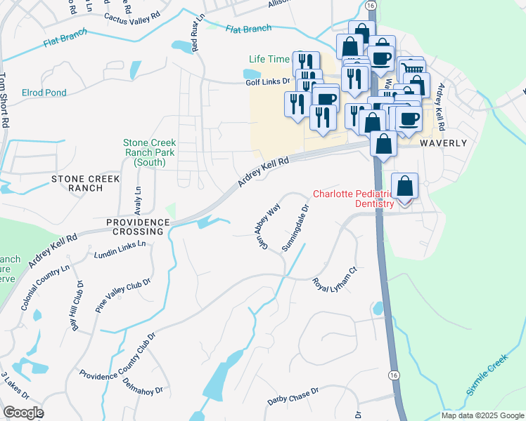 map of restaurants, bars, coffee shops, grocery stores, and more near 11608 Glen Abbey Way in Charlotte