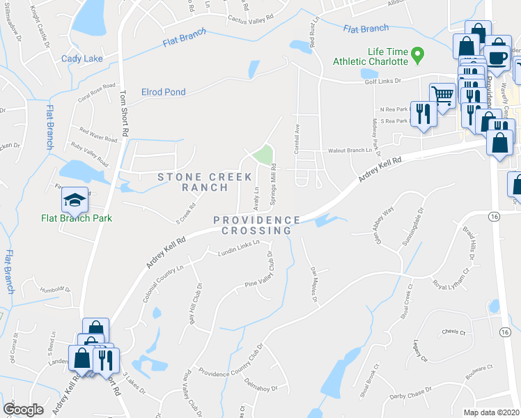 map of restaurants, bars, coffee shops, grocery stores, and more near 11821 Avaly Lane in Charlotte