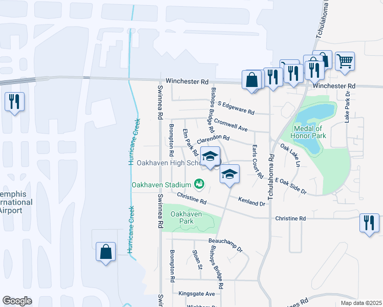 map of restaurants, bars, coffee shops, grocery stores, and more near 3701 Elm Park Road in Memphis