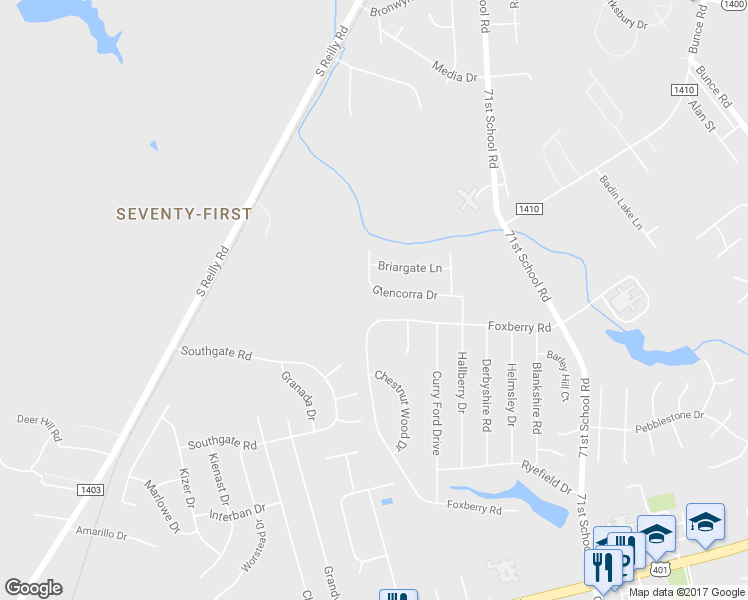 map of restaurants, bars, coffee shops, grocery stores, and more near 3851 Glencorra Drive in Fayetteville