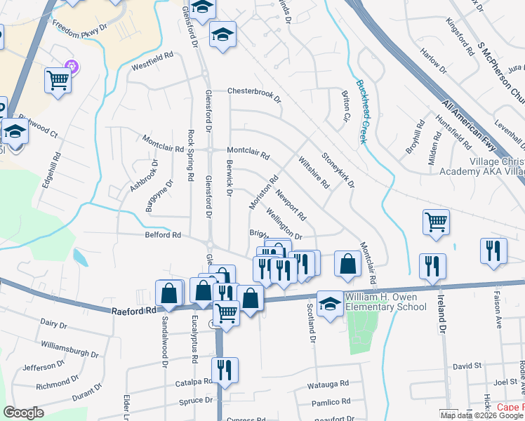 map of restaurants, bars, coffee shops, grocery stores, and more near 4455 Wellington Drive in Fayetteville